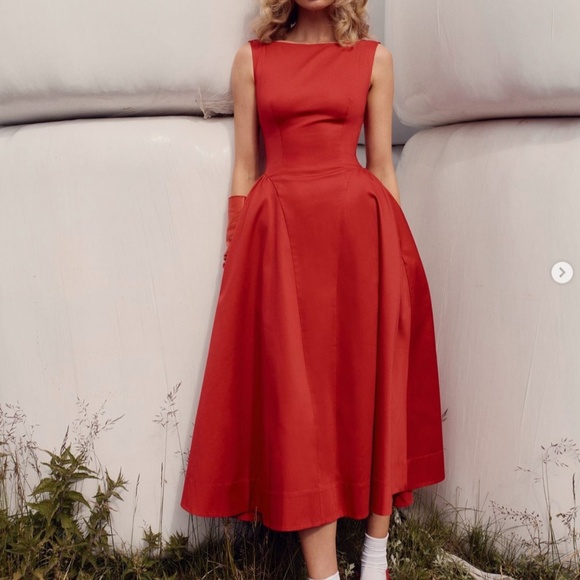 NWT Helsa Stretch Cotton Sateen Midi Dress - Red Lipstick - Picture 4 of 10